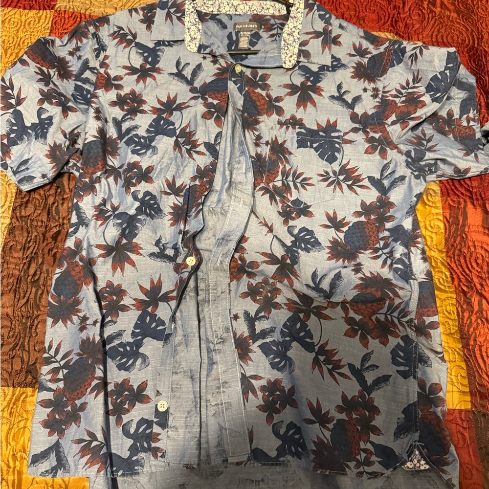 Van Heusen Blue Short Sleeve Floral Shirt with Rust Accents